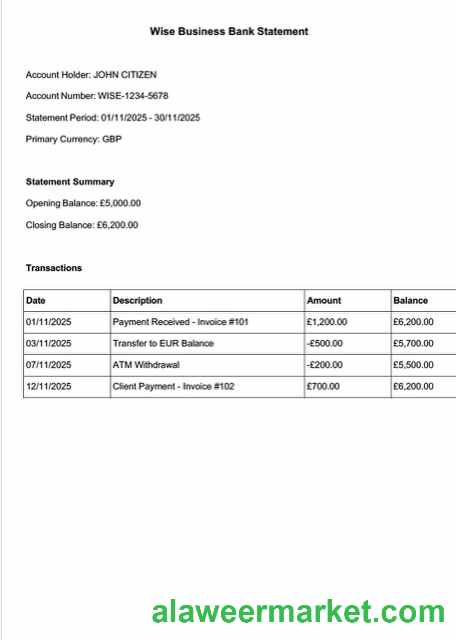UK Wise Bank statement Word and PDF template